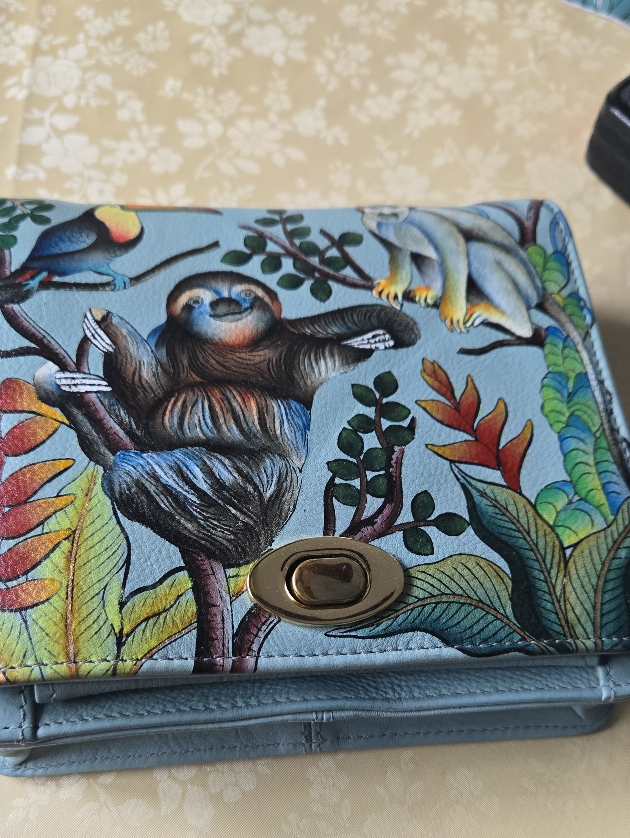 Blue Botanical Sloth Print Crossbody Bag.Anuschka All Leather